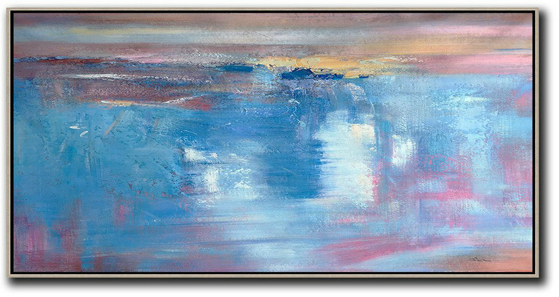 Original Painting Hand Made Large Abstract Art,Horizontal Palette Knife Contemporary Art,Contemporary Wall Art Pink,Sky Blue,Blue,Grey,Brown